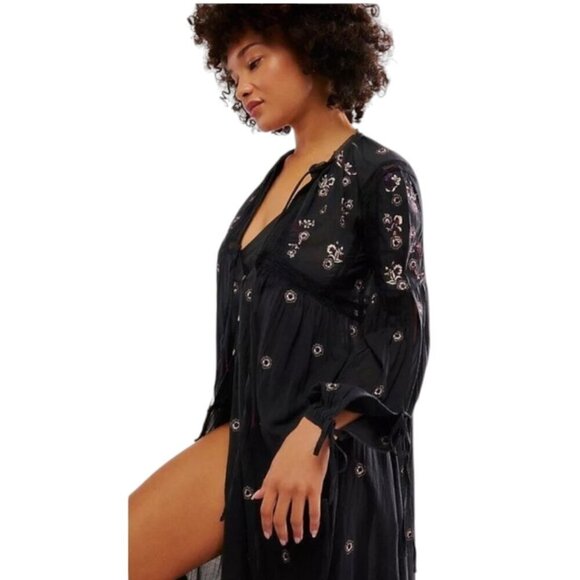 Free People Chasin Spring Maxi Bodysuit Black Dress Button Floral Embroidered S - Picture 3 of 16